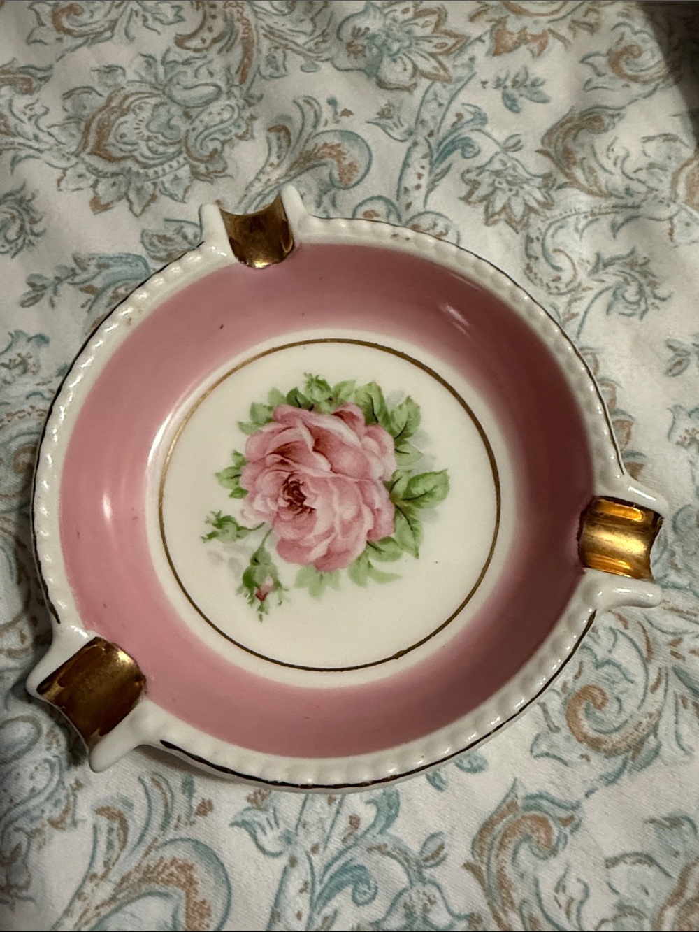 Vintage E&R American Art Ware Porcelain Ashtray Pink Rose Gold Trim Mid Century